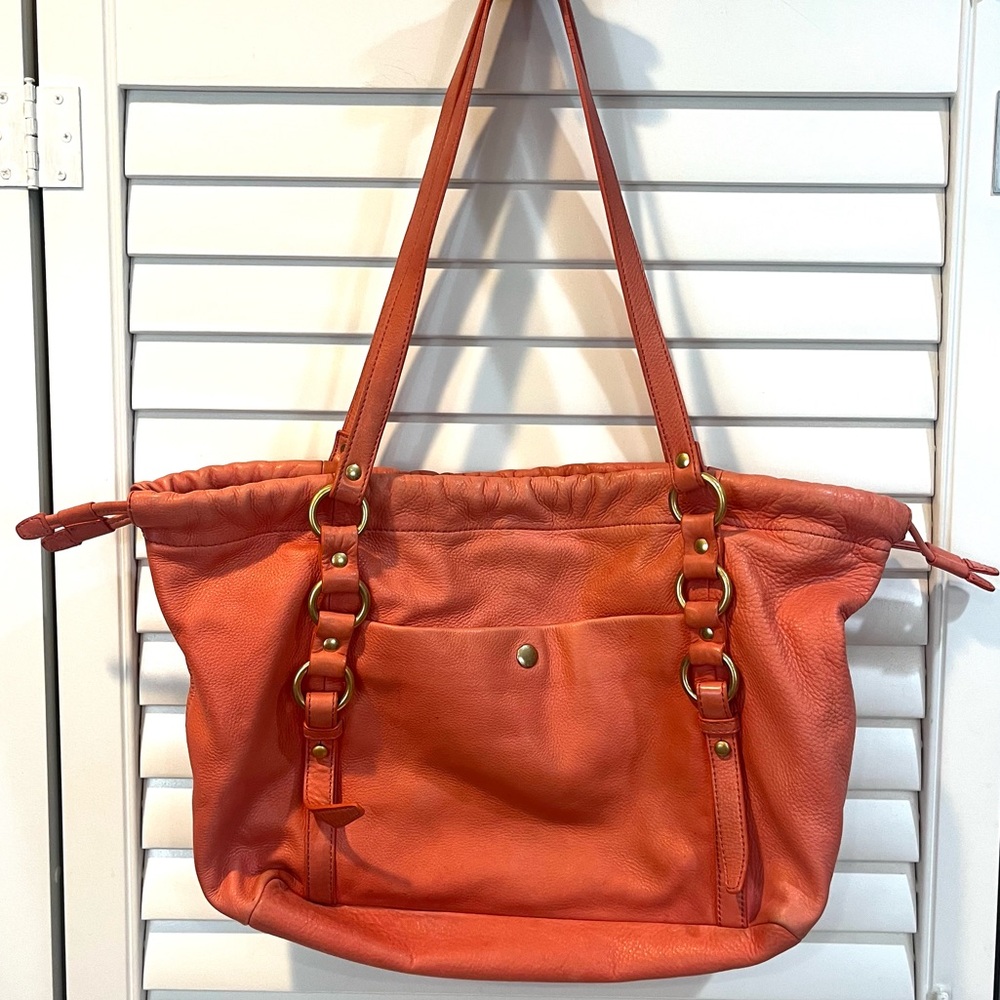 J. Crew Coral Pebbled Leather Drawstring Large Laptop Handbag